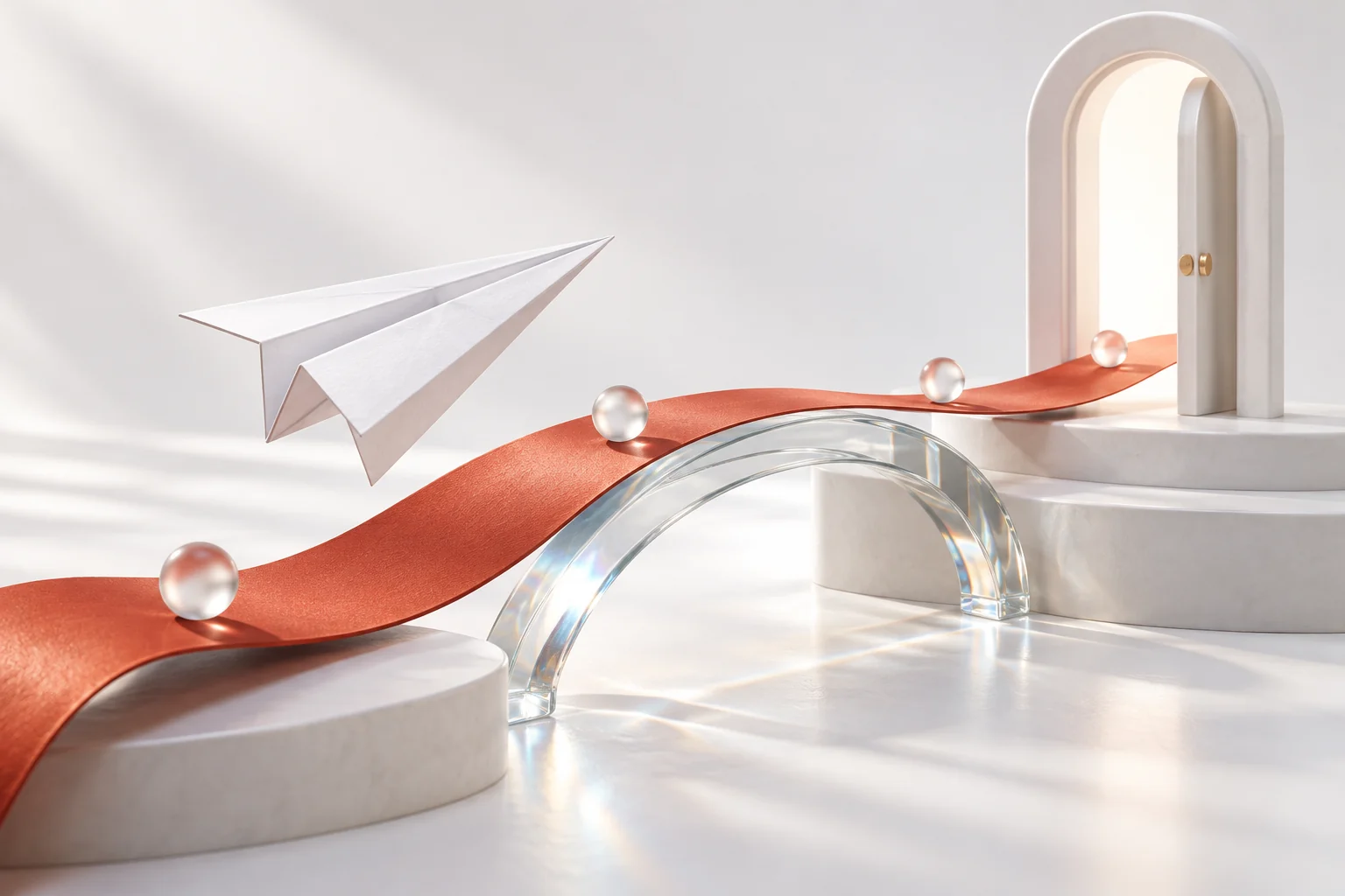 A white paper aeroplane above a coral path and glass bridge leading to an open doorway, illustrating a clear next step.