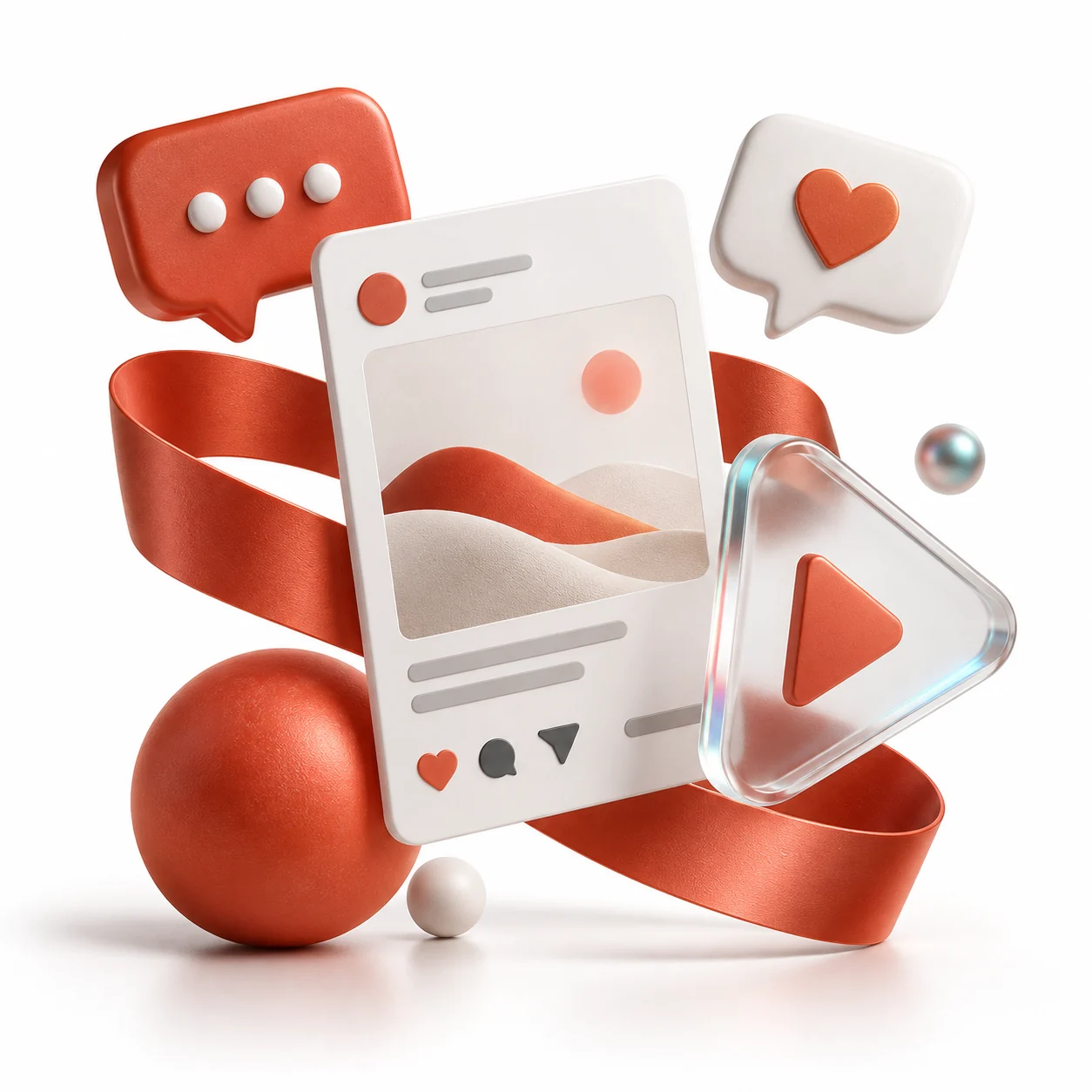 Coral speech bubbles, a content card and a glass play symbol representing a connected content story.