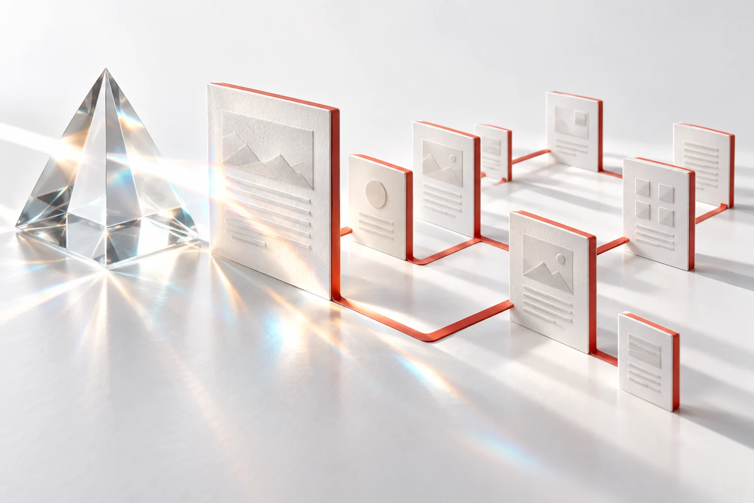 White sculptural web-page panels connected by coral paths beside a glass prism, illustrating a clear site structure.